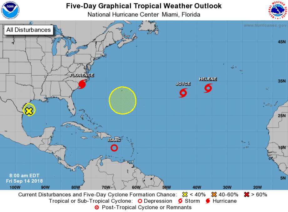 This is the current five-day outlook dated Friday morning from the National Hurricane Center with Joyce and Helene floundering in the Atlantic.&nbsp; Photo: NOAA