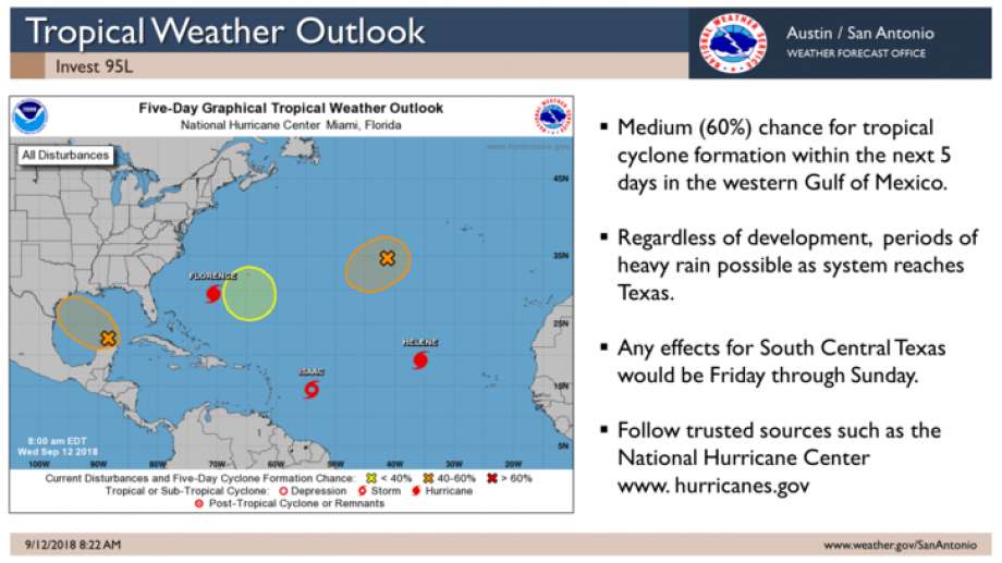 As the National Weather Service monitors a potential tropical cyclone in the Gulf of Mexico, meteorologists are predicting 1-3 inches of rain this weekend across South Central Texas, with some isolated pockets receiving as many as 5 inches. Photo: Courtesy Of National Weather Service