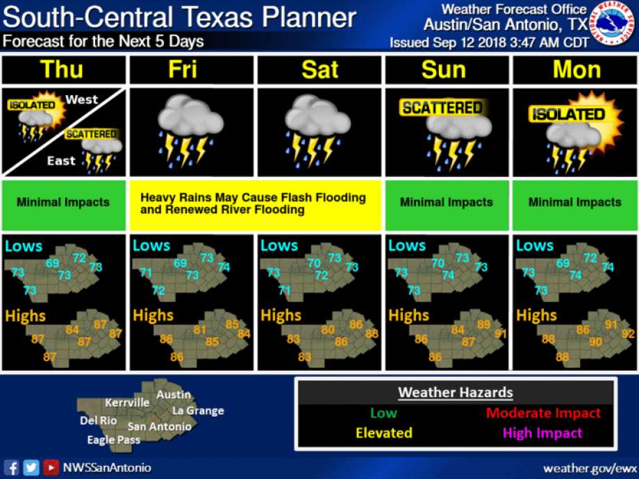 As the National Weather Service monitors a potential tropical cyclone in the Gulf of Mexico, meteorologists are predicting 1-3 inches of rain this weekend across South Central Texas, with some isolated pockets receiving as many as 5 inches. Photo: Courtesy Of National Weather Service