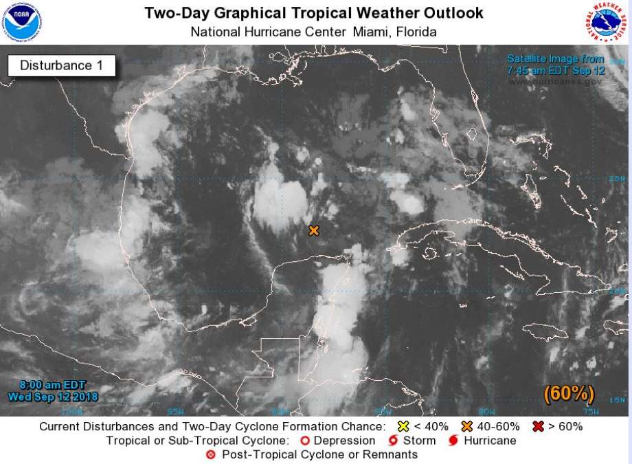 PHOTOS: An eye on the Gulf of Mexico Satellite images on Wednesday showed where Invest 95L is currently stationed west of the Yucatan Peninsula. The National Hurricane Center said Tuesday that the system has a good chance of becoming a tropical depression later this week. (9/12/18) >>See more photos of this developing tropical system... Photo: NOAA