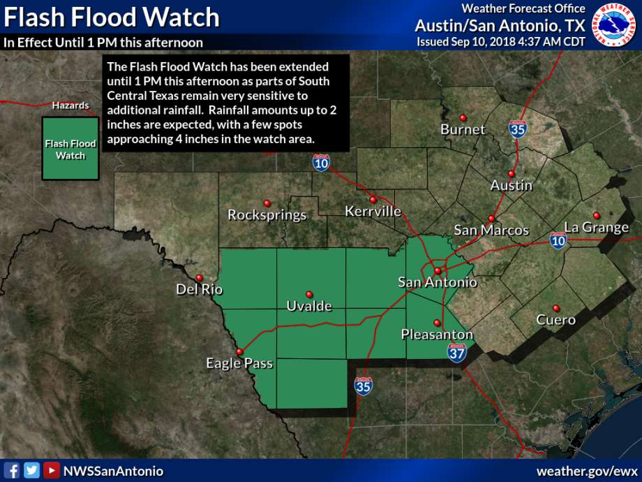 Bexar County will remain under a flash flood watch until 1 p.m. Monday as another round of showers and thunderstorms are expected to dump an additional 2 to 4 inches of rain in the area. Photo: National Weather Service