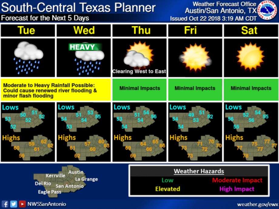 The National Weather Service is warning residents in South Central Texas of the possibility of renewed flooding this week as the remnants of a Pacific hurricane move through Mexico into Texas. Photo: National Weather Service