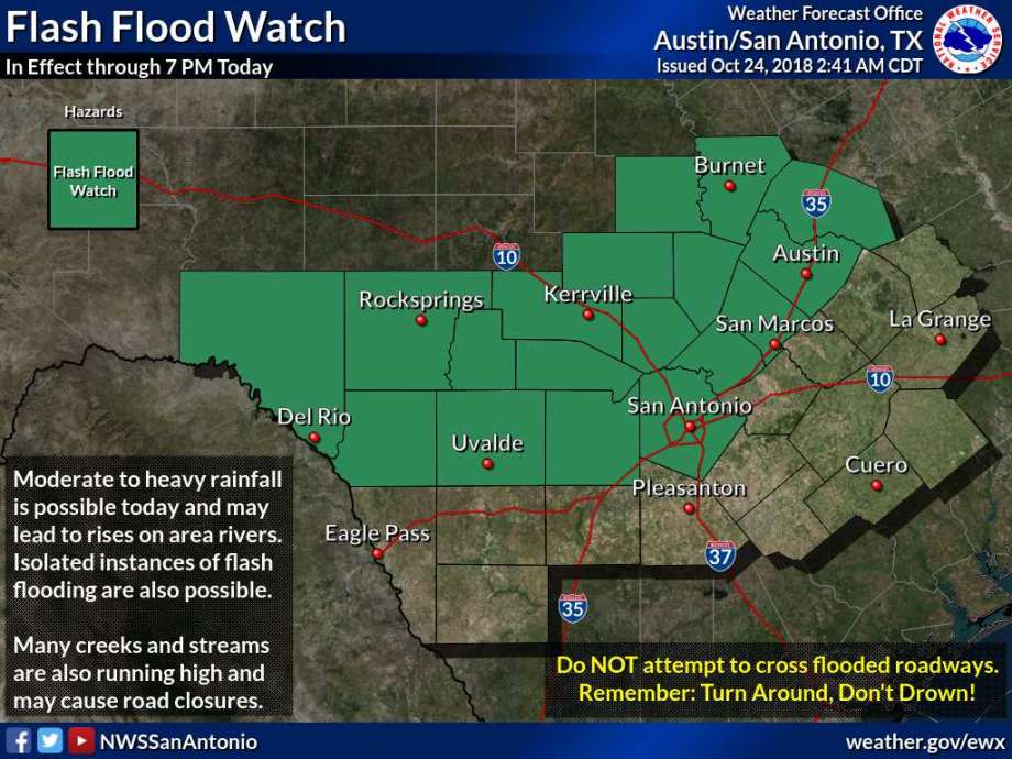 Flash flood watches are in place as an inch of rain is expected to fall in San Antonio on Oct. 24, 2018. Photo: National Weather Service
