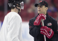 Carolina Hurricanes coach Rod Brind’Amour talks with the media following the Hurricanes’ practice on Tuesday, April 30, 2019 at the PNC Arena in Raleigh, NC