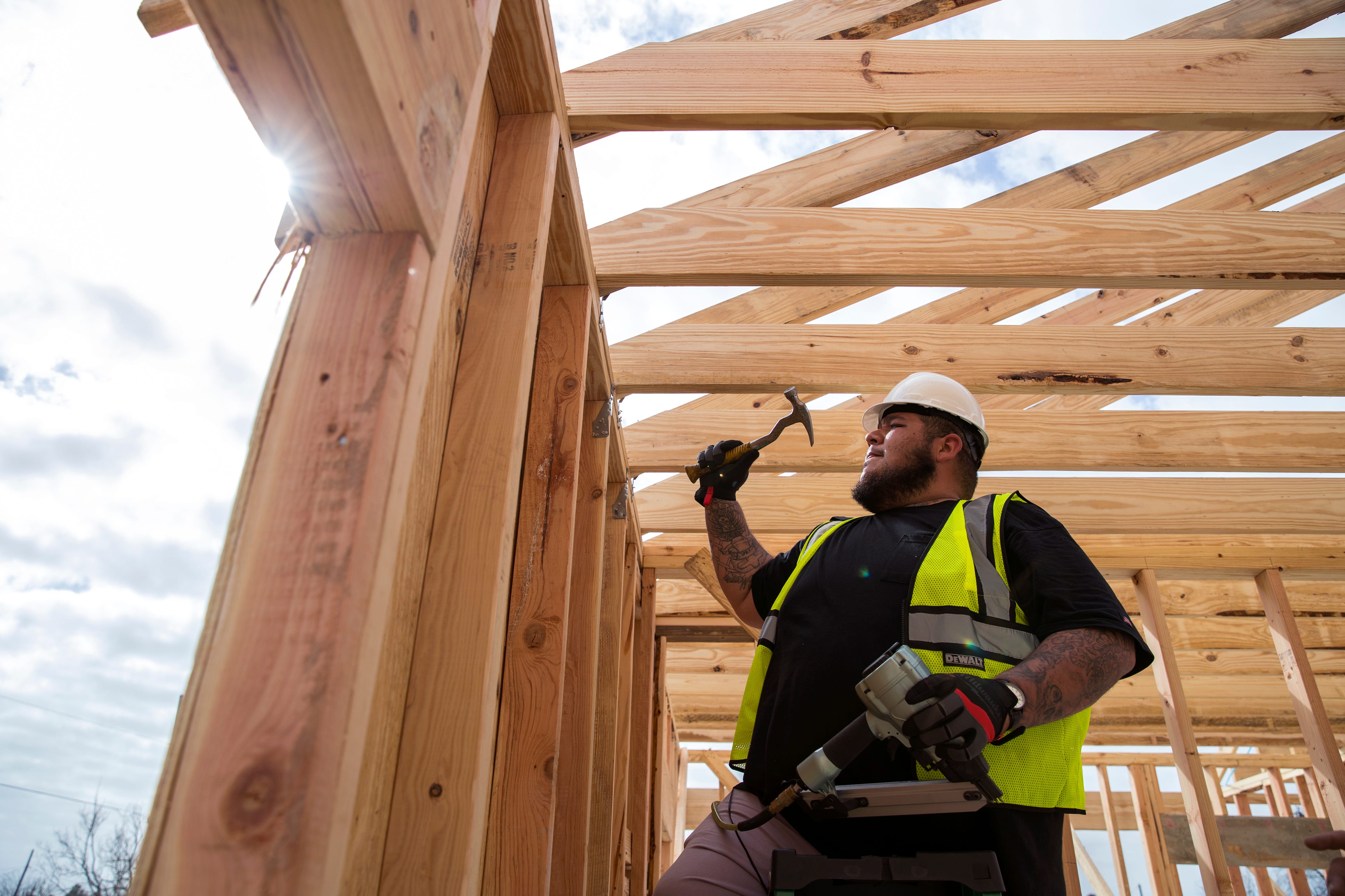 Robert Stewart, with the Louisiana-based Bautista Group, work on a home being rebuilt under the Homeowner Assistance Program in Rockport on Tuesday, January 22, 2019. The home will be built in 18 days from start to finish and will replace a home destroyed by Hurricane Harvey. The General Land Office has allocated more than a billion dollars to the program, which will help thousands of Texans who were affected by Hurricane Harvey recover.