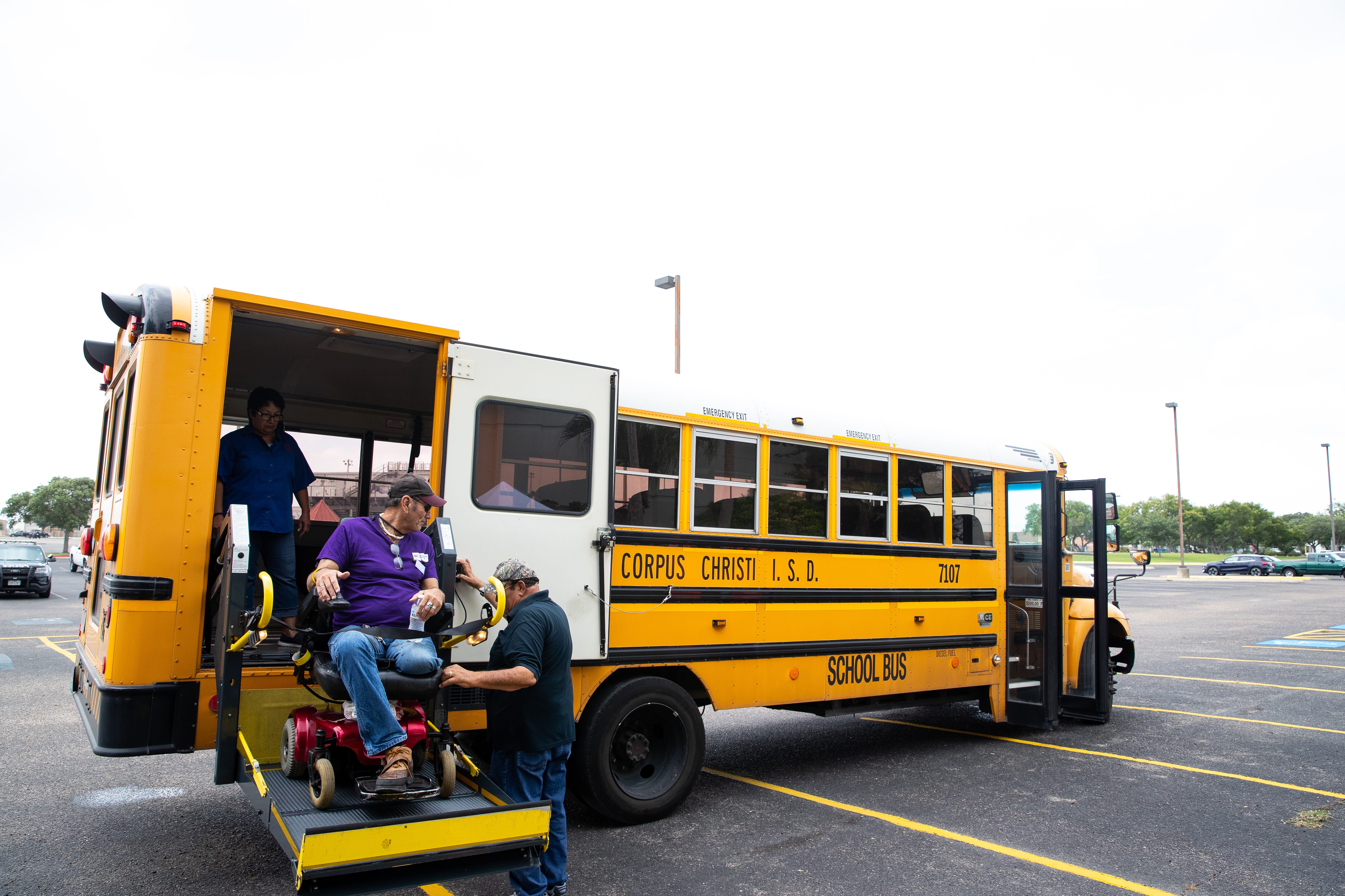 Evacuees are loaded on to buses as the city of Corpus Christi, Texas Department of Emergency Management and other agencies conduct a hurricane evacuation drill at the Cabaniss natatorium on Friday, June 21, 2019.