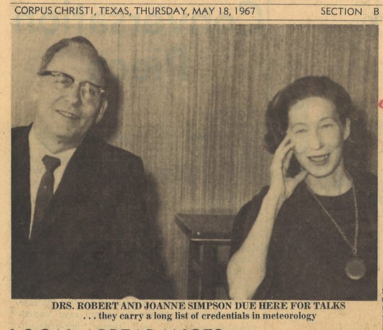 Drs. Robert and Joanne Simpson in a May 18, 1967 clipping from the Caller-Times. Robert Simpson was a Corpus Christi native and director of the National Hurricane Center from 1968 to 1974. Joanne Simpson was the first woman in the U.S. to receive a doctorate in meterology and was the director of Project Stormfury from 1965-68.