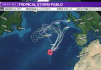 Tropical Storm Pablo speeds away from the Azores in the Atlantic