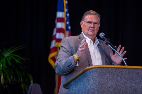 Corpus Christi Mayor Joe McComb speaks at a rally to protest a windstorm insurance rate increase held by the United Corpus Christi Chamber of Commerce along with other area chambers of commerce at the Congressman Solomon P. Ortiz International Center on Monday, September 24, 2018. 