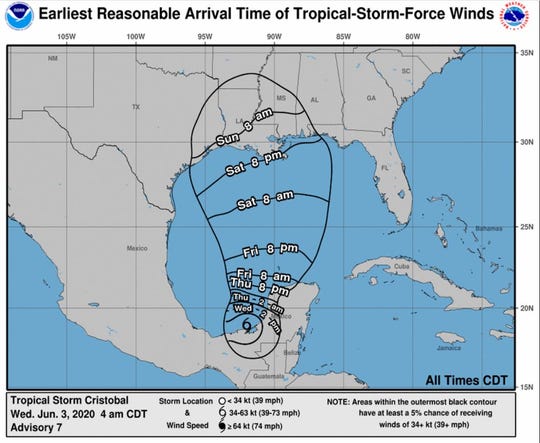 Tropical Storm Cristobal is forecast to make landfall between the east Texas Coast and a portion of Florida on Sunday, June 7, 2020.