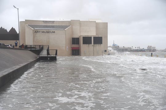 Waves hit the Art Museum of South Texas, Saturday, July 25, 2020, during Hurricane Hanna.