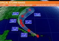 The track of Tropical Storm Isaias shifts slightly east