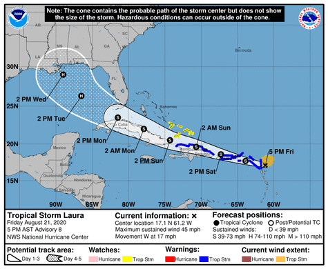 View Tropical Storm Laura as of 5 p.m. on Aug. 21, 2020.