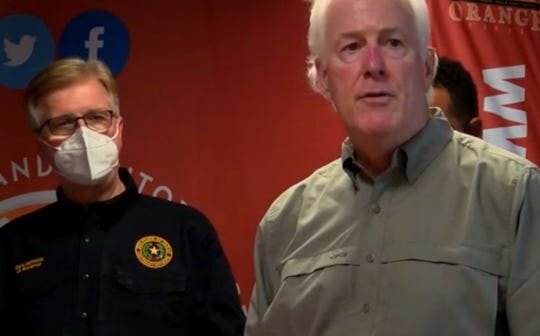U.S. Sen. John Cornyn, right, and Lt. Gov. Dan Patrick at a news conference in Orange, Texas, after Hurricane Laura struck the Gulf Coast, Aug. 27, 2020.