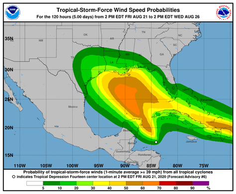 Wind speed probabilities according to National Hurricane Center's 5 p.m. ET advisory
