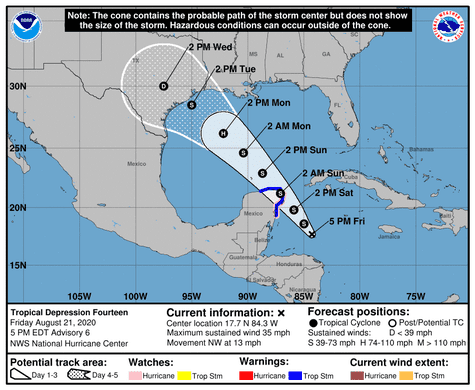 Coastal watches and arning and forecast cone for storm center according to National Hurricane Center's 5 p.m. ET advisory
