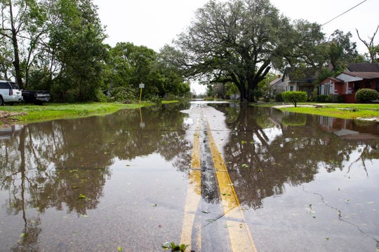 Aug 27, 2020; Orange, TX, USA; A flooded West Park Avenue in Orange, Texas the morning after Hurricane Laura make landfall.