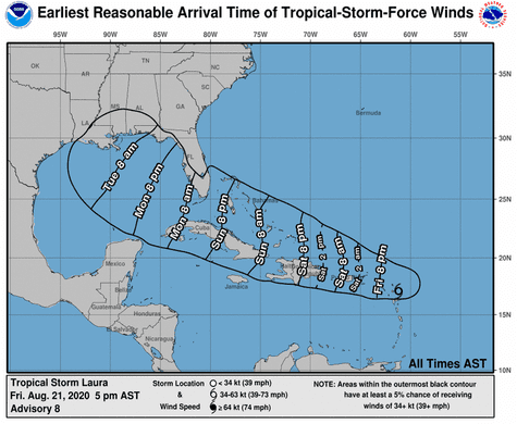 Forecast for the arrival time of tropical storm force winds from the National Hurricane Center's Friday 5 p.m. advisory.