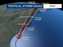 Tropical Storm Isaias path as of 6 p.m Aug. 3