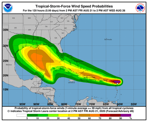 Tropical Storm force wind speed probablites from the National Hurricane Center's Friday 5 p.m. advisory.