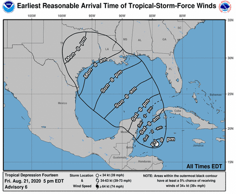 Arrival time of tropical storm force winds according to National Hurricane Center's 5 p.m. ET advisory