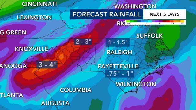 Over the next 5 days, the mountains of NC could see between 2 to 4 inches of rainfall 