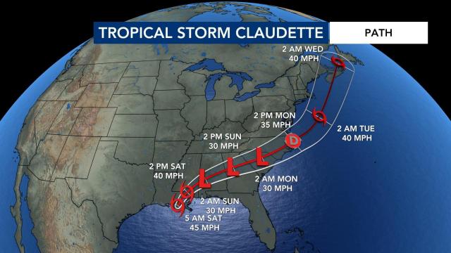 Tropical Storm Claudette is expected to pass through central North Carolina. 