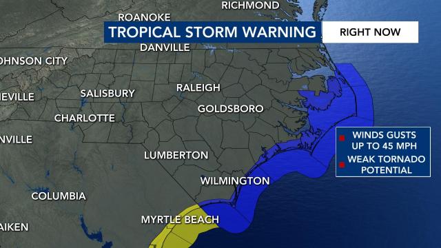 A tropical storm warning has been issued for the NC coast. Wind gusts up to 45 mph are possible.