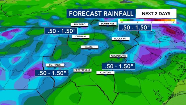 Up to 1.5 inches of rain is expected in the Triangle over the next couple of days