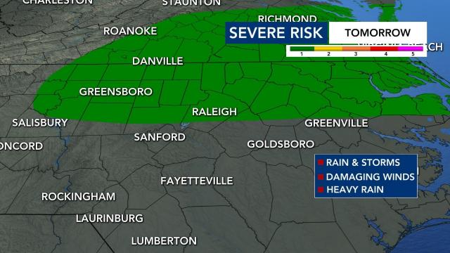 There's a Level 1 Severe weather risk for areas in the Triangle and north.