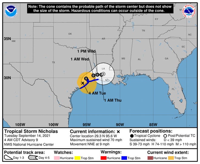 Tropical Storm Nicholas as of 4 a.m. Tuesday, Sept. 14.