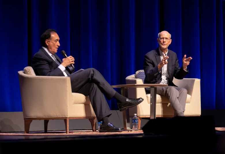 (from left) Former Mayor Henry Cisneros interviews author and former Trinity University Professor Char Miller during the 2021 CityFest luncheon at the Tobin Center on Thursday.