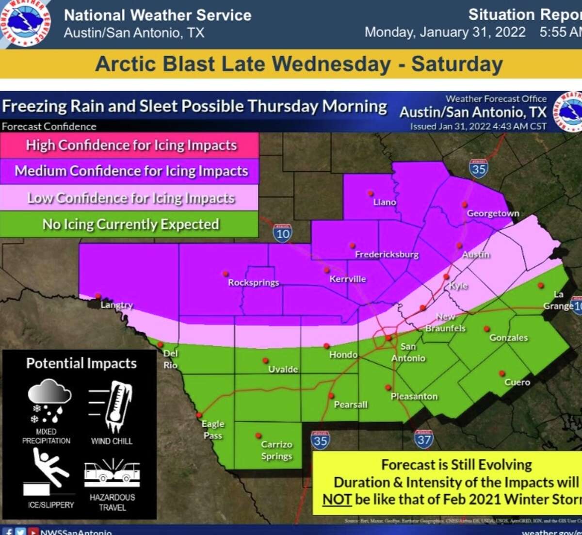 An arctic blast is expected over Central Texas on Wednesday, February 2, 2022.