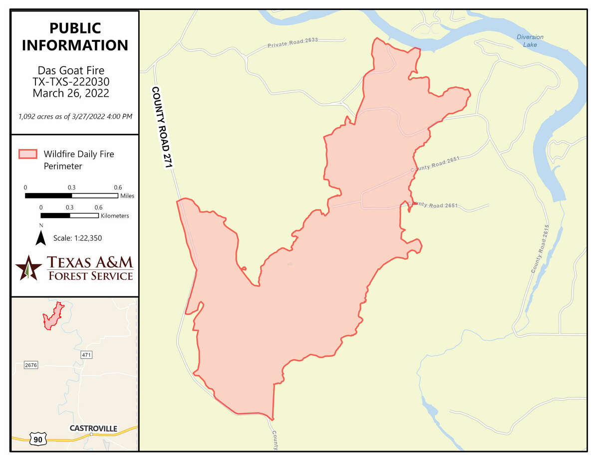 The fire had spread to over 1,000 acres north stopping at the shores of Diversion Lake, a 3-mile-long reservoir south of Medina Lake.