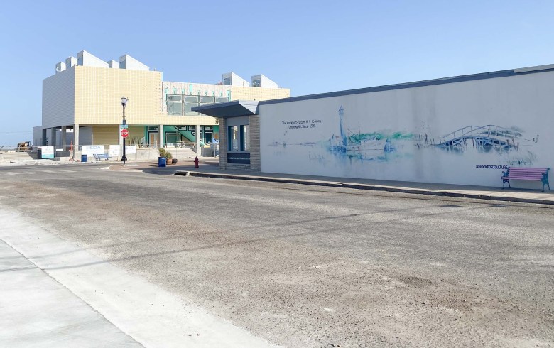 A mural honoring the history of Rockport as an artists’ colony sits one block from the newly constructed Rockport Center for the Arts, scheduled to open in late Fall. 