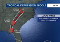 Tropical Depression Nicole dropping rain on NC, threat for isolated tornadoes