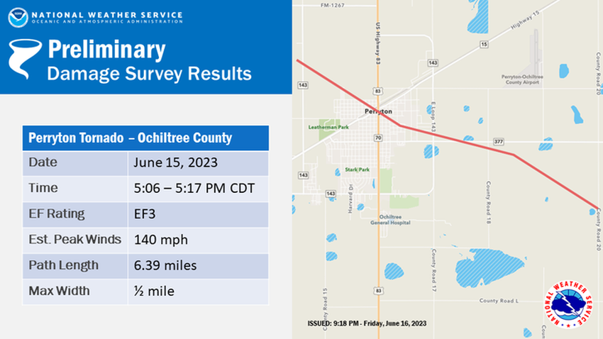 A graphic created by the National Weather Service traces the path of the tornado that devastated the northern Panhandle town of Perryton on June 15, 2023.