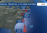Tropical storm warning east of Triangle due to Potential Tropical Cyclone 16