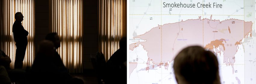 Left: A member of the public listens during an investigative house committee hearing on the Texas Panhandle wildfires on April 2, 2024 in Pampa. Right: Derrick Holdstock of Western Fire Resources presents a slideshow to the committee.