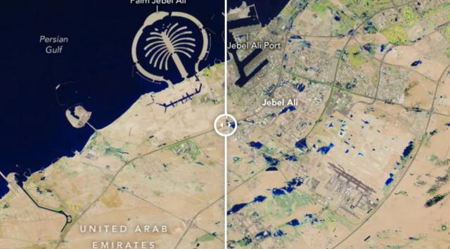 Images taken over the Jebel Ali area, located on the southern outskirts of Dubai, capture the area before and after historic flooding. NASA Mandatory Credit: NASA/CNN via CNN Newsource. Dateline: DUBAI, United Arab Emirates. Images taken over the Jebel Ali area, located on the southern outskirts of Dubai, capture the area before and after historic flooding. NASA Mandatory Credit: NASA/CNN via CNN Newsource. Dateline: DUBAI, United Arab Emirates.