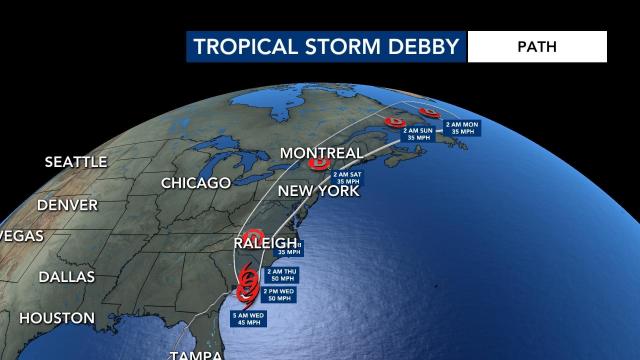 A look at the current path for Tropical Storm Debby, updated at 11 p.m. on August 6, 2024 A look at the current path for Tropical Storm Debby, updated at 11 p.m. on August 6, 2024
