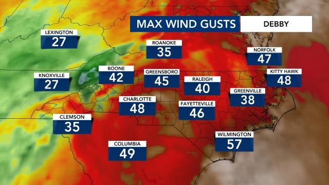 Maximum wind gusts for Tropical Storm Debby as of 3 p.m. Tuesday. Maximum wind gusts for Tropical Storm Debby as of 3 p.m. Tuesday.