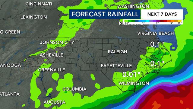 Forecast rainfall for the next 7 days across North Carolina