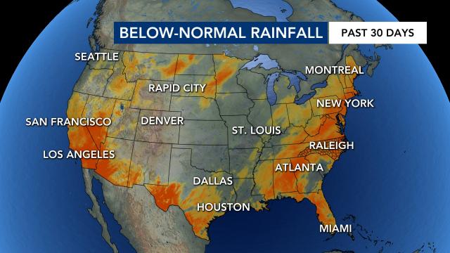 The Eastern U.S. has seen below-normal rainfall in the last 30 days. The Eastern U.S. has seen below-normal rainfall in the last 30 days.