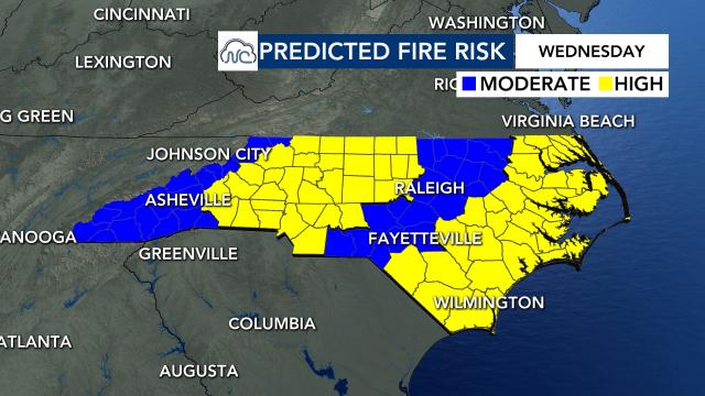Predicted fire risk by the North Carolina State Climate Office for Wednesday, 11/13/2024 Predicted fire risk by the North Carolina State Climate Office for Wednesday, 11/13/2024