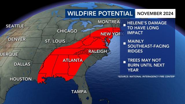 Wildfire potential for November 2024, according to the National Interagency Fire Center Wildfire potential for November 2024, according to the National Interagency Fire Center