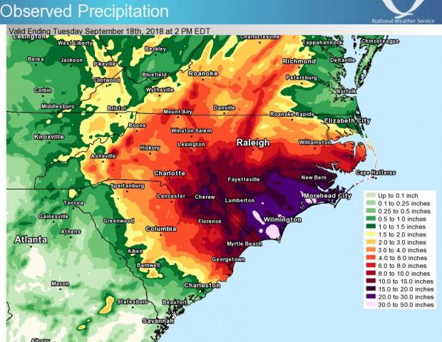 Rainfall totals from Hurricane Florence (National Weather Service image) Rainfall totals from Hurricane Florence (National Weather Service image)