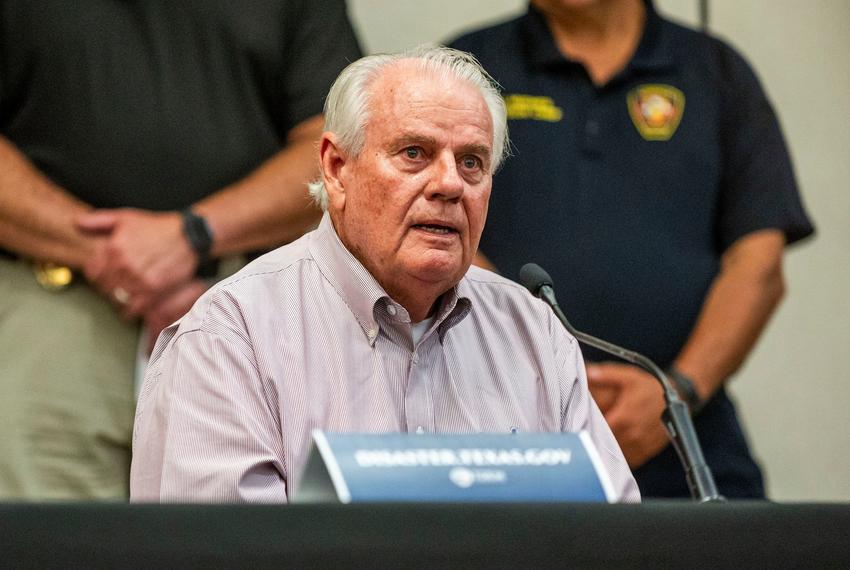 Kerr County Judge Rob Kelly speaks during a press conference at the Hill Country Youth Event Center in Kerrville on Saturday July 5, 2025.