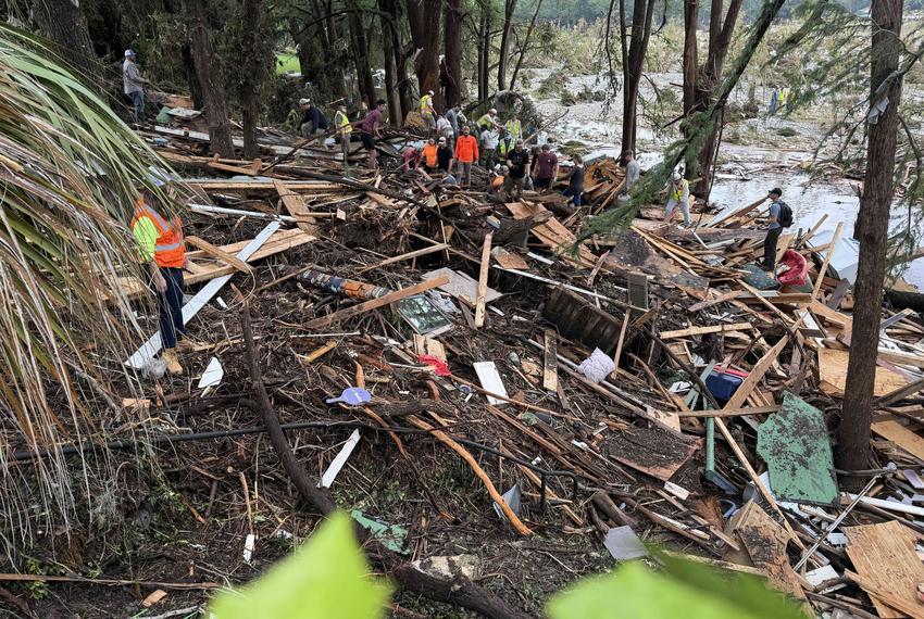 Wreckage seen on July 5, 2025, of the Hunt home where the four victims were staying when they were hit by floodwater.