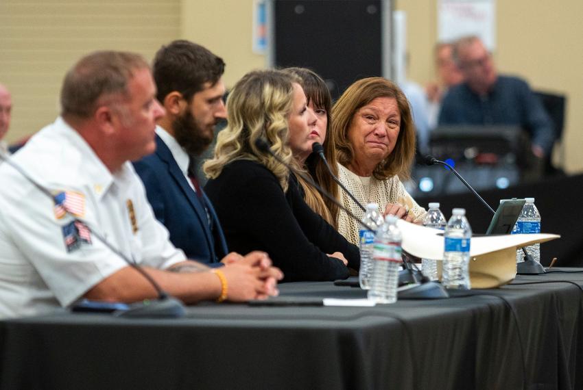 Sandy Creek survivor Auburn Gallagher in tears during a joint committee hearing at Hill Country Youth Event Center on Thursday, July 31, 2025 in Kerrville, Texas.